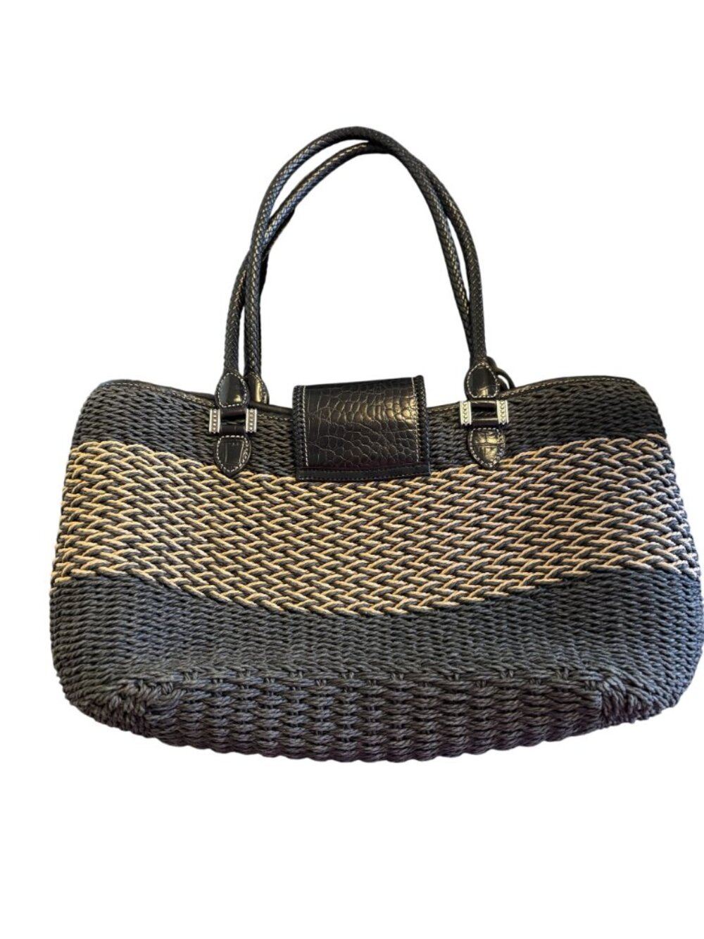Brighton Savannah Black & Tan Braided Woven Handbag Heart Charm Accent - Picture 7 of 13